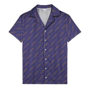 gold diagonal logo repeat pattern on black hawaiian shirt for men