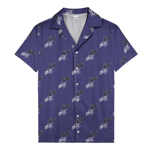 hand-drawn calligraphic script logo repeat black white hawaiian shirt for men