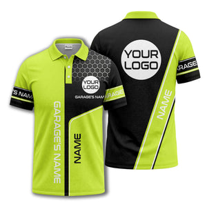 hexagonal grid garage name logo modern automotive polo shirt