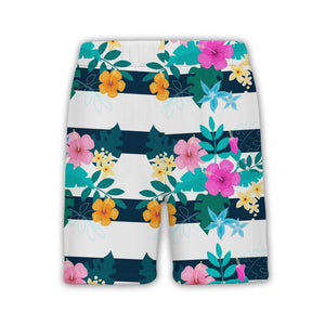 Hibiscus Floral Hawaiian Shirt on Navy White Horizontal Stripes