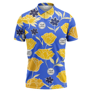 illustrated tropical floral vacation polo shirt splashed with hibiscus leaves