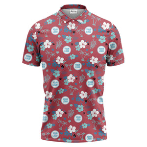 Illustrated Tropical Palm & Hib Floral Polo Shirt For Summer Vacations