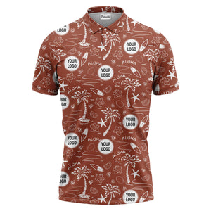 illustrated tropical palm surfboard aloha polo shirt for summer beach vacations