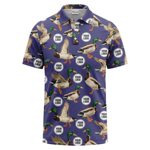mallard duck flock & custom logo repeat photorealistic polo shirt