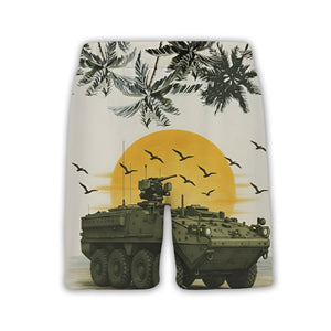 Military Armored Vehicle Tropical Hawaiian Shirt – Sunset & Palm Trees