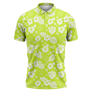 monochrome hawaiian hibiscus flowers & leaves repeat pattern polo shirt