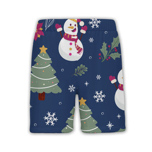 Navy Blue Snowman Holiday Hawaiian Shirt with Poinsettia Holly Pattern