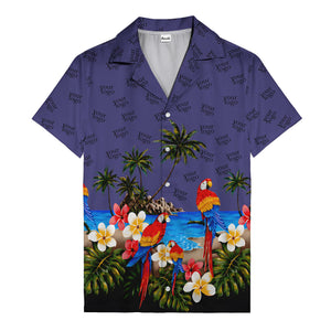 parrot paradise palm trees plumeria beach scene hawaiian shirt