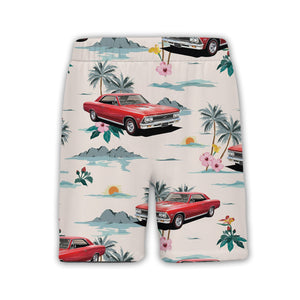 Retro Classic Car Hawaiian Shirt with Mountain Sunset Scene