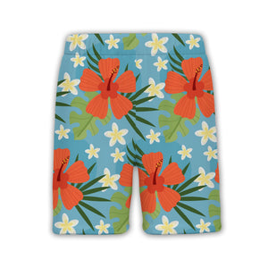 Sky Blue Coral Orange Hibiscus Hawaiian Shirt with Plumeria and Monstera