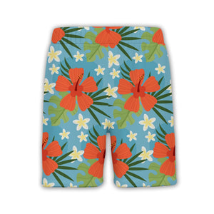Sky Blue Curved Shape Hibiscus Hawaiian Shirt with Plumeria and Palm Fronds