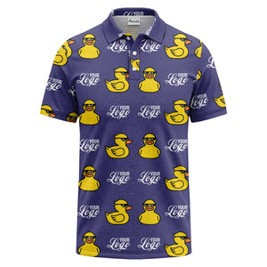 sunglasses rubber duck repeat pattern black yellow fun cartoon golf polo shirt
