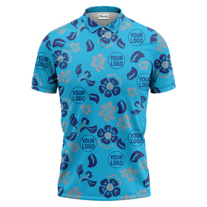 tropical blue floral logo repeating leaves polo shirt for men