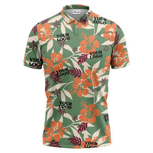 tropical illustrated floral paradise polo shirt bursting with hibiscus and palm leaves