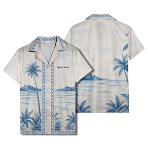 watercolor palm trees mountain waves navy blue hawaiian shirt