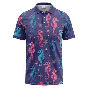 watercolor seahorse repeat marine life polo shirt in pink blue