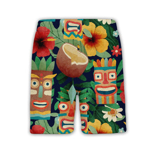 Watercolor Tiki Mask Hawaiian Shirt with Coconuts on Navy Blue