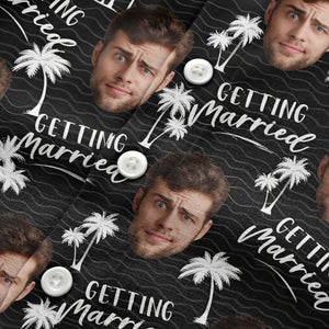 wedding announcement faces & palm trees illustrated fun hawaiian shirt for men
