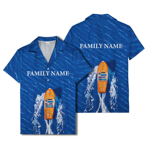 wooden speedboat racing navy blue ocean waves hawaiian shirt