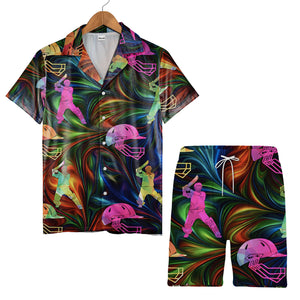 Abstract Cricket Hawaiian Shirt - Neon Rainbow Players Bats Wickets Energetic