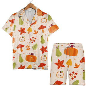 Autumn Harvest Hawaiian Shirt with Pumpkins Mushrooms and Maple Leaves