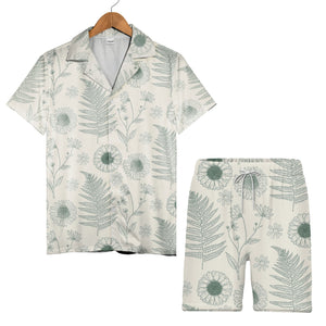 Botanical Line Art Fern and Wildflower Hawaiian Shirt in Sage Green