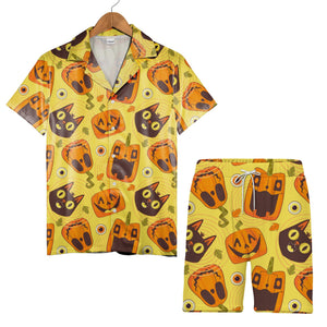 Cartoon Halloween Hawaiian Shirt with Jack-o-Lanterns and Black Cats