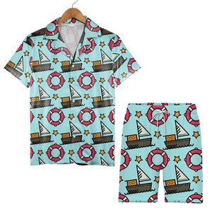 Cartoon Sailboat & Lifebuoy Hawaiian Shirt – Nautical Ocean Wave Pattern