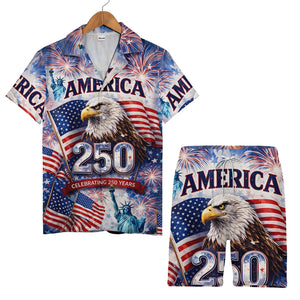 Celebrating 250 Years of America Hawaiian Shirt - Eagle Fireworks & Statue of Liberty