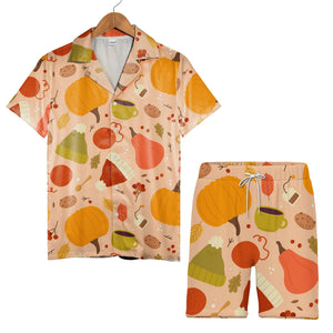 Cozy Autumn Hawaiian Shirt with Knit Beanie Hats Hot Cocoa and Yarn Balls
