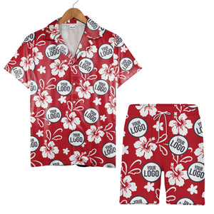 Custom Logo Hibiscus Hawaiian Shirt - Tropical Floral Red White Navy Personalized