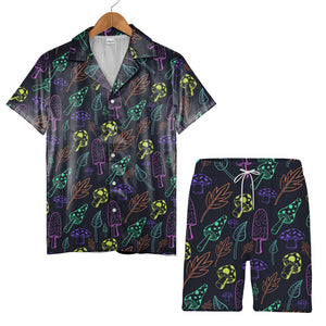 Detailed Botanical Mushroom Hawaiian Shirt with Autumn Leaves on Black