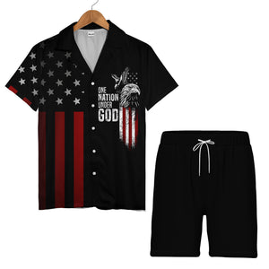 Distressed Eagle Hawaiian Shirt - God Bless America Stars & Stripes Graphic Print