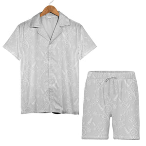 Elegant Gray Hawaiian Shirt with Embossed Floral and Heart Vine Pattern