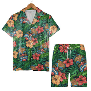 Festive Tiki Mask Hawaiian Shirt with Monstera on Navy Blue