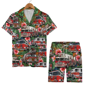 Fire Truck Surf Rescue Tropical Aloha Shirt With Palm Hibiscus For Men Hawaiian Shirt