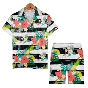 Folk Art Wavy Stripe Hawaiian Shirt on Forest Green Background
