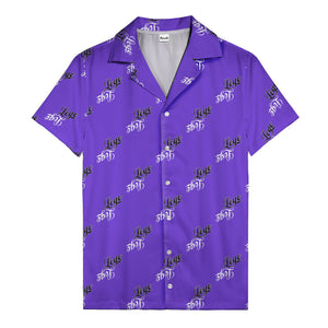 hand-drawn calligraphic script logo repeat black white hawaiian shirt for men