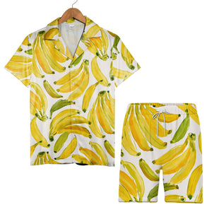 Illustrated Banana and Leaf Hawaiian Shirt on Charcoal Black