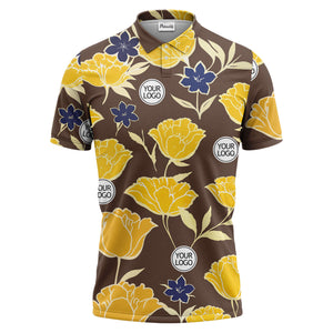 illustrated tropical floral vacation polo shirt splashed with hibiscus leaves