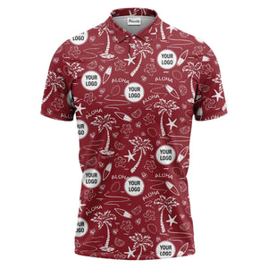 illustrated tropical palm surfboard aloha polo shirt for summer beach vacations