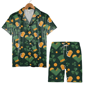 Irish Celebration Hawaiian Shirt with Teal Green Beer Mugs and Gold Coins