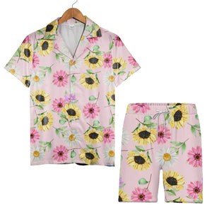 Joyful Sunflower and Pink Gerbera Hawaiian Shirt on Pastel Pink