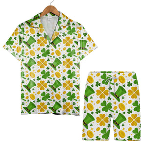 Lucky Clover Hawaiian Shirt with Leprechaun Hats and Golden Coins
