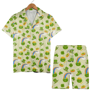 Lucky Leprechaun Hawaiian Shirt with Shamrocks Rainbows and Pots of Gold