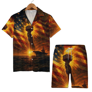Military Sunset Hawaiian Shirt - Aircraft Carrier Statue of Liberty & Ocean Wave Print