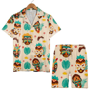 Modern Tiki Hawaiian Shirt with Monstera and Boomerangs on Beige