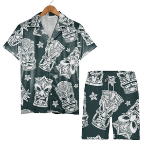 Monochrome Engraving Style Tiki Hawaiian Shirt on Dark Teal
