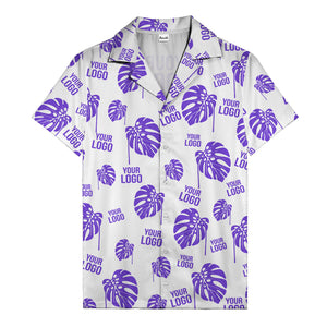 monstera leaves & custom logo repeat black white hawaiian shirt