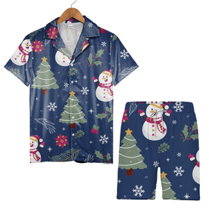 Navy Blue Snowman Holiday Hawaiian Shirt with Poinsettia Holly Pattern